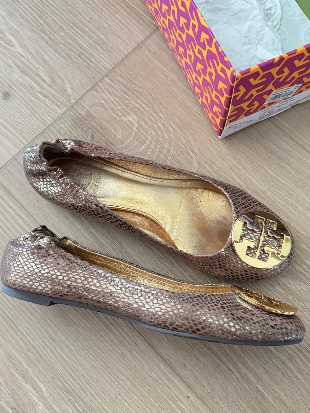 Tory Burch Metallic Gold Reva Snake-Print Ballet Flats